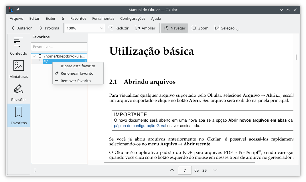 Menu de contexto da área de favoritos