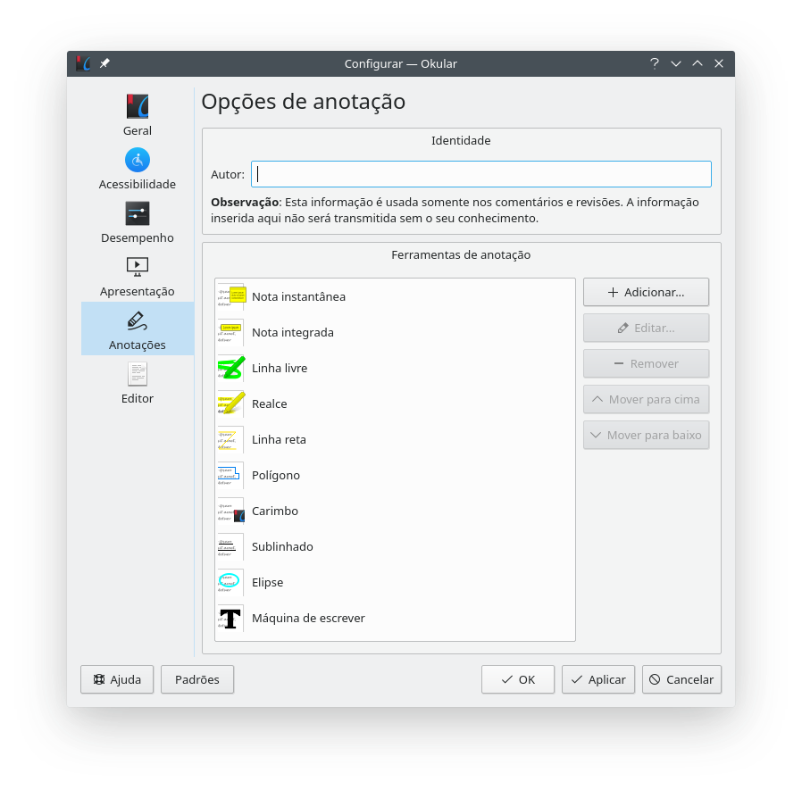 Página Anotações da caixa de diálogo de configuração