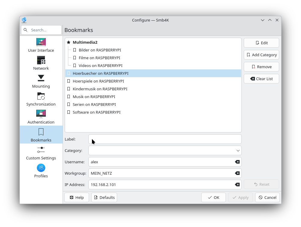 A página de configuração "Favoritos" com o editor aberto