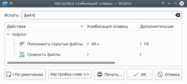 Окно настройки комбинаций клавиш.