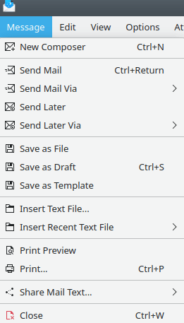 Меню «Письмо»