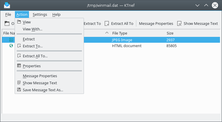 Главное окно TNEF