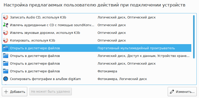 Диалог настройки действий для устройств