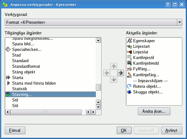 Anpassa Calligra Stages verktygsrader