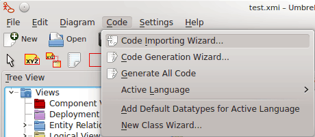Meny för att importera källkod till Umbrello UML Modeller
