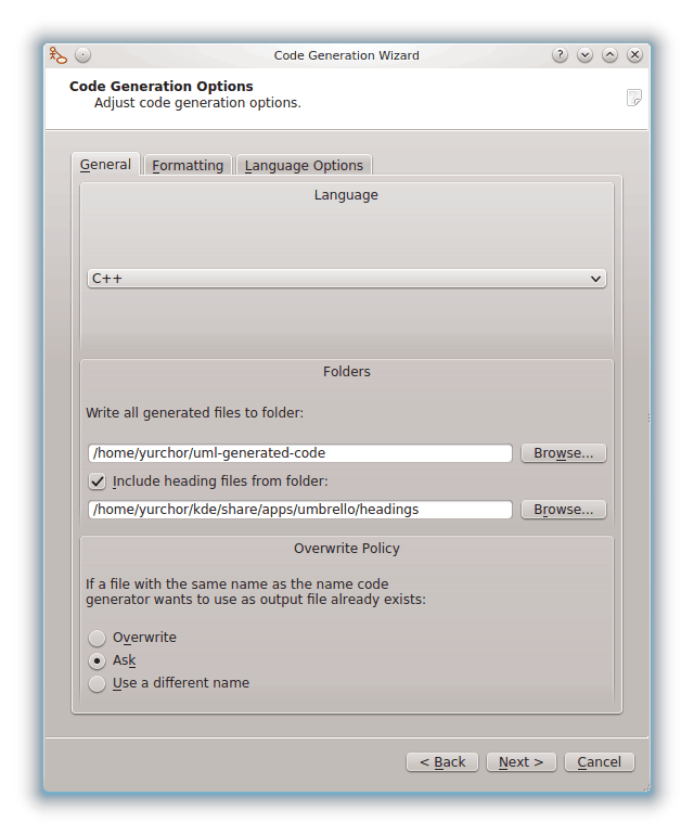 Alternativ för kodgenereringen i Umbrello UML Modeller